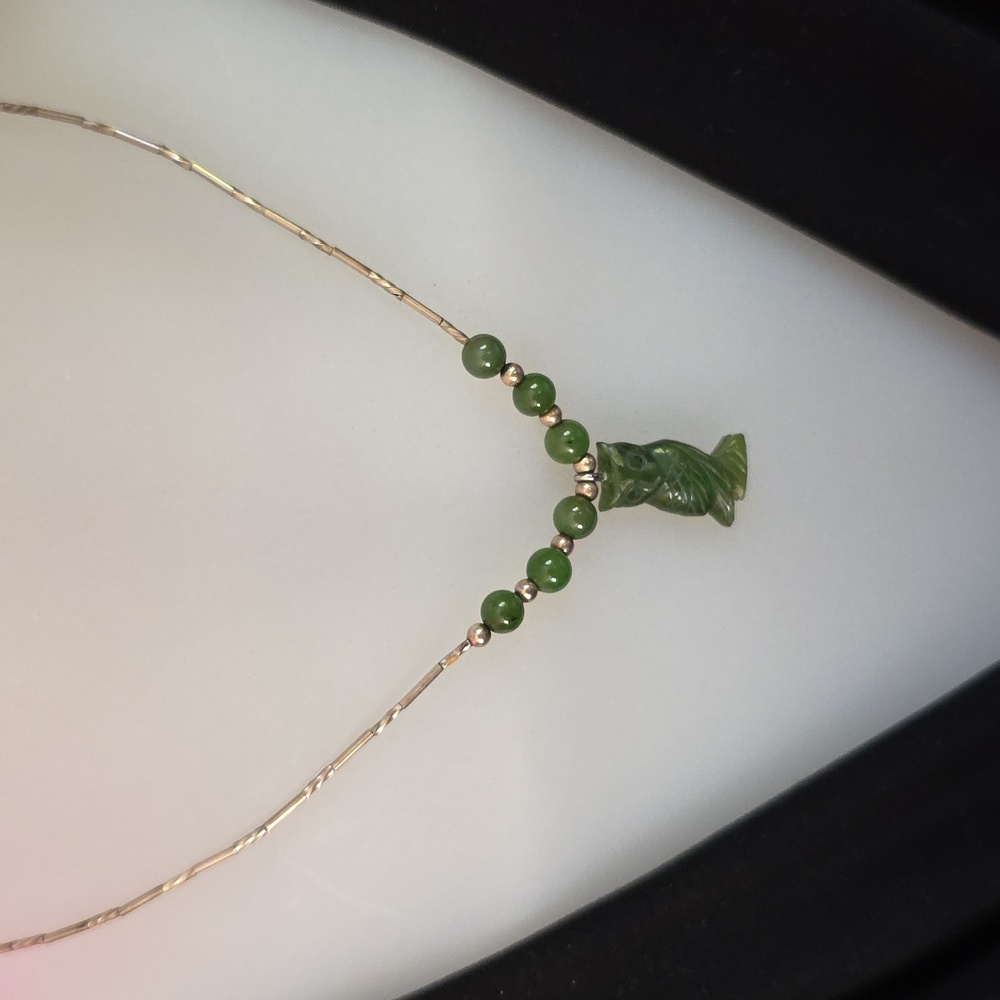 Carved Owl Sterling Silver Green Pendant Necklace - Picture 3 of 11